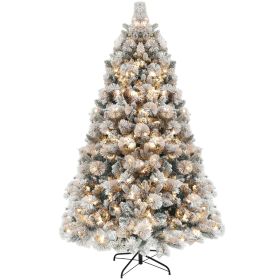 HOMCOM 6.5 ft Prelit Flocked Artificial Christmas Tree with 350 Clear Lights, 1107 Tips, Metal Stand for Home Office Holiday
