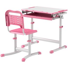 Qaba eight Adjustable Kids Desk and Chairs Set with Tilt Desktop, Storage Drawer, Pen Slot, Hook, Pink