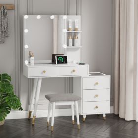 FCH Pitted Particle Board With Triamine Coating, Solid Wood Legs With Copper Sheath Decoration, 5 Drawers, 2-Layer Shelf, Mirror Cabinet With Str