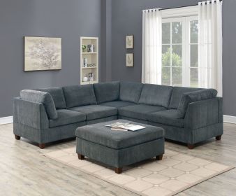 Living Room Furniture Grey Chenille Modular Sectional 6pc Set Corner Sectional Modern Couch 3x Corner Wedge 2x Armless Chairs and 1x Ottoman Plyw