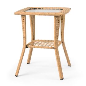 Outdoor Wicker Side Table, Rattan End Table with Glass Top, Patio Coffee Bistro Table for Indoor Garden Porch Balcony, Beige