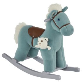 Kids Plush Ride-On Rocking Horse with Bear Toy, Children Chair with Soft Plush Toy & Fun Realistic Sounds, Blue