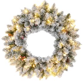 24" Christmas Front Door Wreath with Lights Flocked Christmas Wreath with Pine Cones and Berries for Windows Green